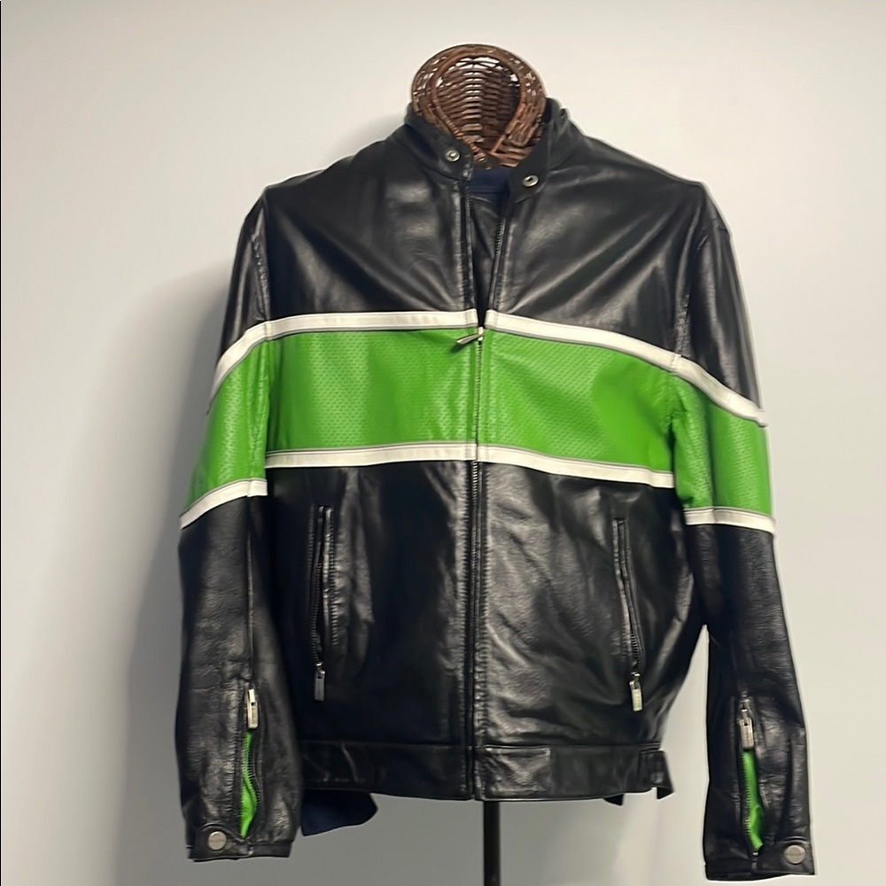 Wilsons Leather Black and Green Motorcycle Jacket